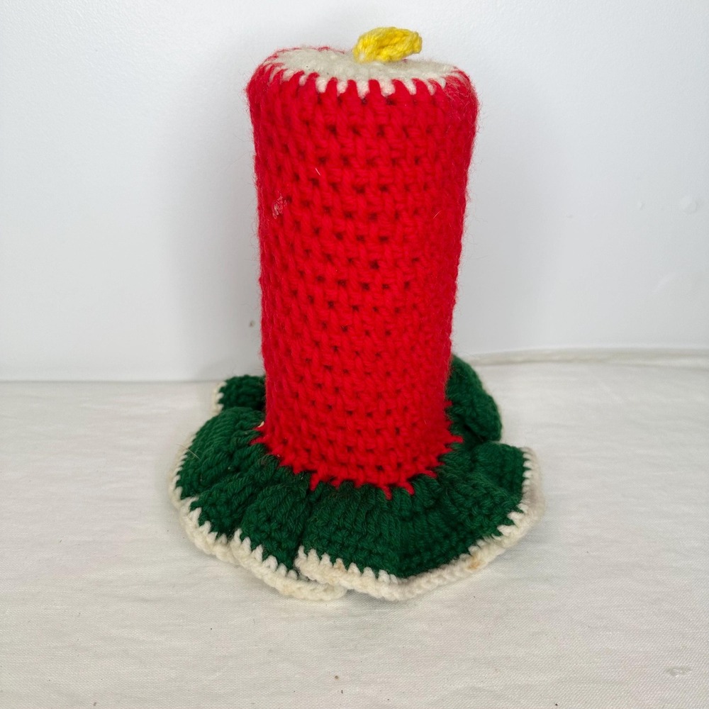 Vintage Crochet Christmas Candle Red Green Holiday Decor Handmade Knit Ornament